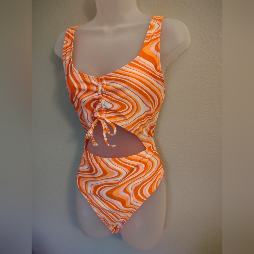 No Boundaries Vibrant Orange White Swirl Juniors' Large One-Piece Swimsuit